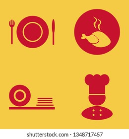 dish icon set with plates shelf, chef and plate folk knife vector illustration
