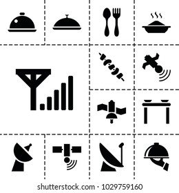 Dish icons. set of 13 editable filled dish icons such as table with plates and pan, kebab, satellite, mobile signal, plate fork and knife