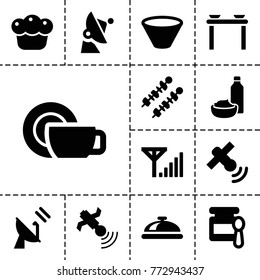 Dish icons. set of 13 editable filled dish icons such as dish, baby food, table with plates and pan, drink and food, satellite, pie, kebab, bowl