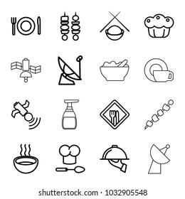 Dish icons. set of 16 editable outline dish icons such as soup, satellite, kebab, pie, plate fork and spoon, restaurant, chef hat and spoon, asian food, bowl