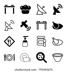 Dish icons. set of 16 editable filled and outline dish icons such as table with plates and pan, bacteria, pie, chicken, restaurant, satellite, baby food, plate fork and spoon