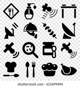 Dish icons set. set of 16 dish filled icons such as baby food, kebab, bacteria, soap, satellite, pie, chicken, restaurant, dish serving, chef hat and spoon