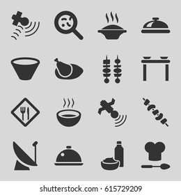 Dish icons set. set of 16 dish filled icons such as dish, drink and food, kebab, soup, bacteria, satellite, chicken, restaurant, chef hat and spoon, bowl