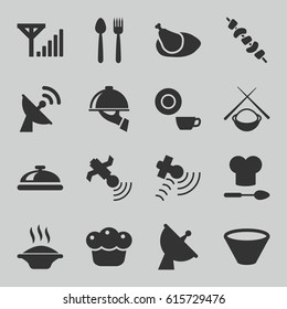 Dish icons set. set of 16 dish filled icons such as kebab, satellite, pie, chicken, chef hat and spoon, bowl, asian food, mobile signal, soup