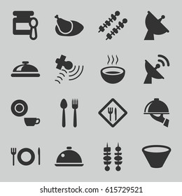 Dish icons set. set of 16 dish filled icons such as baby food, soup, satellite, kebab, chicken, plate fork and spoon, restaurant, bowl
