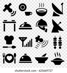 Dish icons set. set of 16 dish filled icons such as satellite, bowl, soup, plate with spoon and fork, kebab, chef hat and spoon, mobile signal