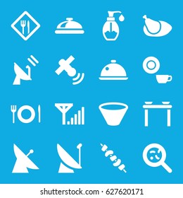 Dish icons set. set of 16 dish filled icons such as satellite, dish, kebab, bacteria, soap, chicken, plate fork and spoon, restaurant, bowl, mobile signal