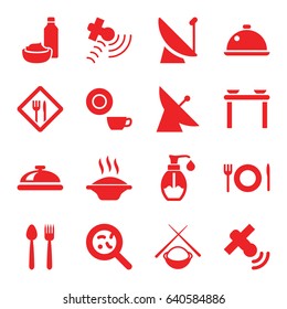 Dish icons set. set of 16 dish filled icons such as satellite, dish, drink and food, bacteria, soap, plate fork and spoon, restaurant, asian food