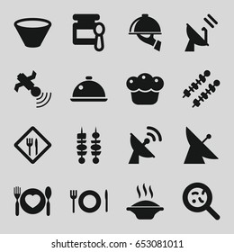 Dish icons set. set of 16 dish filled icons such as satellite, baby food, bacteria, plate with spoon and fork, kebab, pie, plate fork and spoon, restaurant, bowl