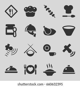 Dish icons set. set of 16 dish filled icons such as baby food, kebab, plate with spoon and fork, satellite, pie, chicken, restaurant, chef hat and spoon, bowl, asian food