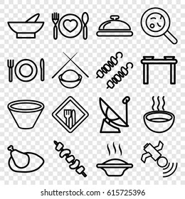 Dish icons set. set of 16 dish outline icons such as dish, bowl, kebab, soup, bacteria, plate with spoon and fork, satellite, chicken, plate fork and spoon, restaurant