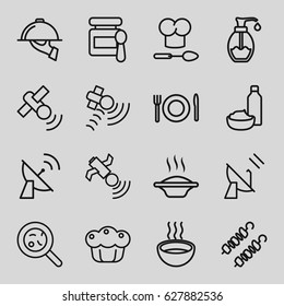 Dish icons set. set of 16 dish outline icons such as baby food, drink and food, soup, bacteria, soap, satellite, pie, plate fork and spoon, dish serving, kebab