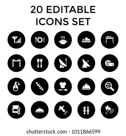Dish icons. set of 20 editable filled dish icons such as satellite, baby food, soup, table with plates and pan, kebab, soap. best quality dish elements in trendy style.