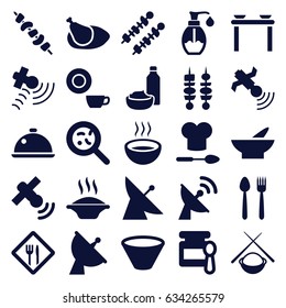 Dish icons set. set of 25 dish filled icons such as satellite, baby food, bowl, dish, drink and food, kebab, soup, bacteria, soap, chicken, restaurant, chef hat and spoon