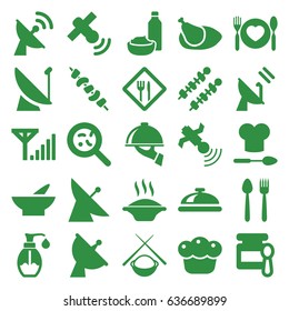 Dish icons set. set of 25 dish filled icons such as satellite, baby food, bowl, drink and food, kebab, bacteria, soap, plate with spoon and fork, pie, chicken, restaurant