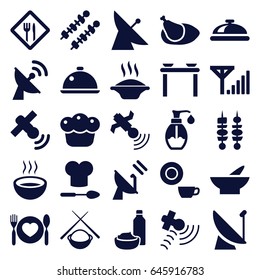 Dish icons set. set of 25 dish filled icons such as satellite, dish, bowl, drink and food, soup, soap, plate with spoon and fork, kebab, pie, chicken, restaurant, asian food