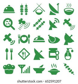 Dish icons set. set of 25 dish filled icons such as satellite, dish, baby food, bowl, kebab, soup, bacteria, soap, plate with spoon and fork, pie, chicken, restaurant