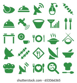 Dish icons set. set of 25 dish filled icons such as dish, bowl, kebab, bacteria, soap, plate with spoon and fork, satellite, pie, chicken, plate fork and spoon, restaurant