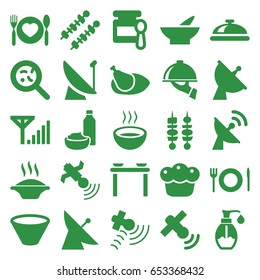 Dish icons set. set of 25 dish filled icons such as satellite, baby food, bowl, drink and food, soup, bacteria, soap, plate with spoon and fork, kebab, pie, chicken