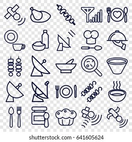 Dish icons set. set of 25 dish outline icons such as satellite, baby food, bowl, drink and food, kebab, soup, bacteria, plate with spoon and fork, pie, chicken