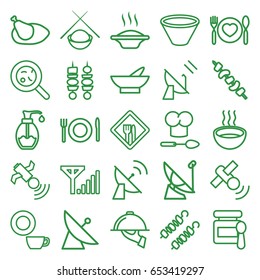 Dish icons set. set of 25 dish outline icons such as satellite, baby food, bowl, kebab, soup, bacteria, soap, plate with spoon and fork, chicken, plate fork and spoon