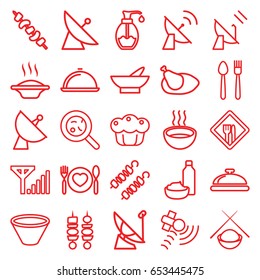 Dish icons set. set of 25 dish outline icons such as satellite, dish, bowl, drink and food, kebab, soup, bacteria, soap, plate with spoon and fork, pie, chicken, restaurant