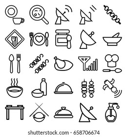 Dish icons set. set of 25 dish outline icons such as satellite, dish, baby food, bowl, drink and food, kebab, soup, bacteria, soap, plate with spoon and fork, chicken