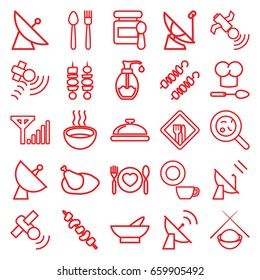 Dish icons set. set of 25 dish outline icons such as satellite, dish, baby food, bowl, kebab, soup, bacteria, soap, plate with spoon and fork, chicken, restaurant
