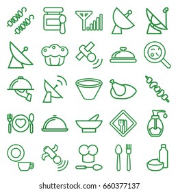 Dish icons set. set of 25 dish outline icons such as satellite, baby food, bowl, drink and food, kebab, bacteria, soap, plate with spoon and fork, pie, chicken, restaurant