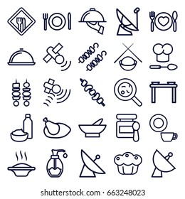 Dish icons set. set of 25 dish outline icons such as satellite, baby food, bowl, drink and food, kebab, bacteria, soap, plate with spoon and fork, pie, chicken, restaurant