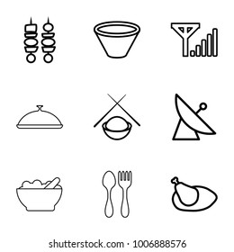 Dish icons. set of 9 editable outline dish icons such as satellite, kebab, chicken, bowl, asian food, mobile signal, dish