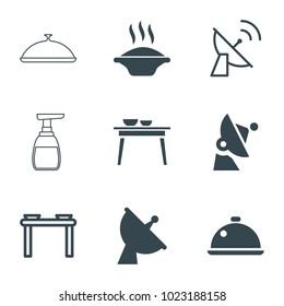 Dish icons. set of 9 editable filled and outline dish icons such as soup, satellite, dish, table with plates and pan