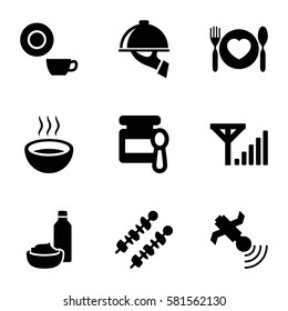 dish icons set. Set of 9 dish filled icons such as baby food, drink and food, soup, plate with spoon and fork, satellite, kebab