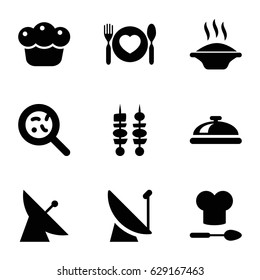 Dish icons set. set of 9 dish filled icons such as satellite, dish, bacteria, plate with spoon and fork, kebab, pie, chef hat and spoon