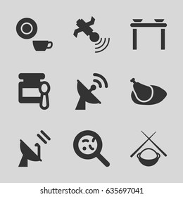 Dish icons set. set of 9 dish filled icons such as baby food, dish, bacteria, satellite, chicken, asian food