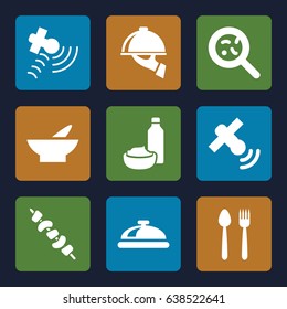 Dish icons set. set of 9 dish filled icons such as bowl, drink and food, kebab, bacteria, satellite