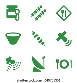 Dish icons set. set of 9 dish filled icons such as baby food, kebab, satellite, plate fork and spoon, restaurant