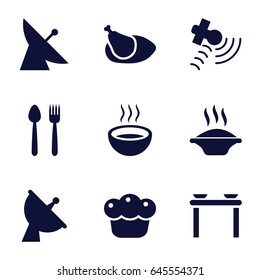 Dish icons set. set of 9 dish filled icons such as satellite, soup, pie, chicken, table with plates and pan