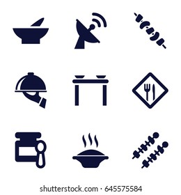 Dish icons set. set of 9 dish filled icons such as baby food, bowl, kebab, restaurant, dish serving, satellite, soup