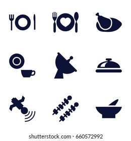 Dish icons set. set of 9 dish filled icons such as dish, bowl, plate with spoon and fork, satellite, chicken, plate fork and spoon