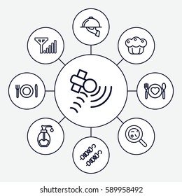 dish icons set. Set of 9 dish outline icons such as bacteria, soap, plate with spoon and fork, satellite, pie, plate fork and spoon, dish serving, kebab
