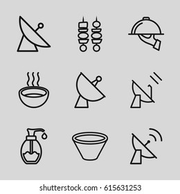 Dish icons set. set of 9 dish outline icons such as satellite, soup, soap, kebab, dish serving