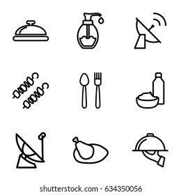 Dish icons set. set of 9 dish outline icons such as drink and food, soap, chicken, kebab, satellite