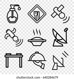 Dish icons set. set of 9 dish outline icons such as soap, satellite, restaurant, dish serving, soup