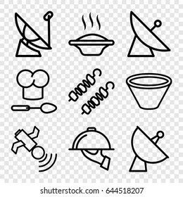 Dish icons set. set of 9 dish outline icons such as satellite, dish serving, kebab, chef hat and spoon, bowl