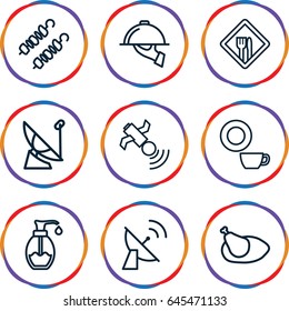 Dish icons set. set of 9 dish outline icons such as soap, satellite, chicken, restaurant