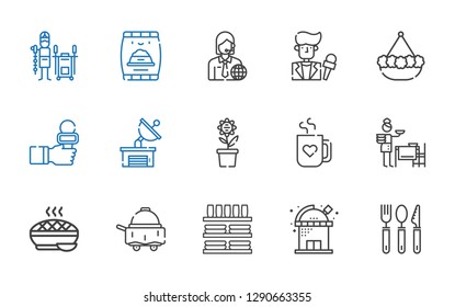 dish icons set. Collection of dish with cutlery, observatory, dinnerware, room service, pie, setting the table, mug, pot, satellite dish, news reporter. Editable and scalable icons.