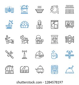 dish icons set. Collection of dish with dinner, news report, room service, food and restaurant, observatory, satellite, mug, antenna, plate. Editable and scalable dish icons.