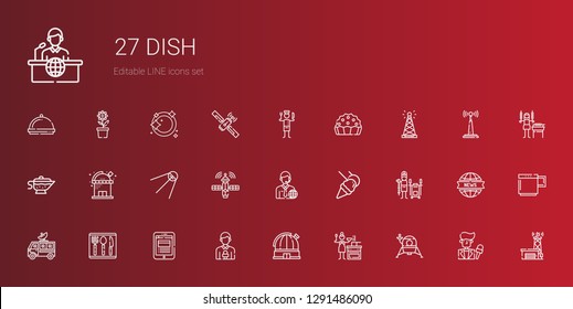 dish icons set. Collection of dish with lander, sauce, observatory, news reporter, news report, cutlery, satellite dish, tandoor, food and restaurant. Editable and scalable icons.