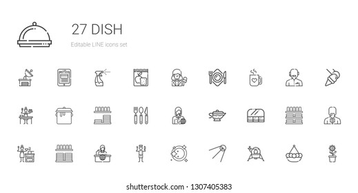 dish icons set. Collection of dish with lander, satellite, plate, chef, news report, crockery, sauce, food and restaurant, news reporter, cutlery. Editable and scalable dish icons.